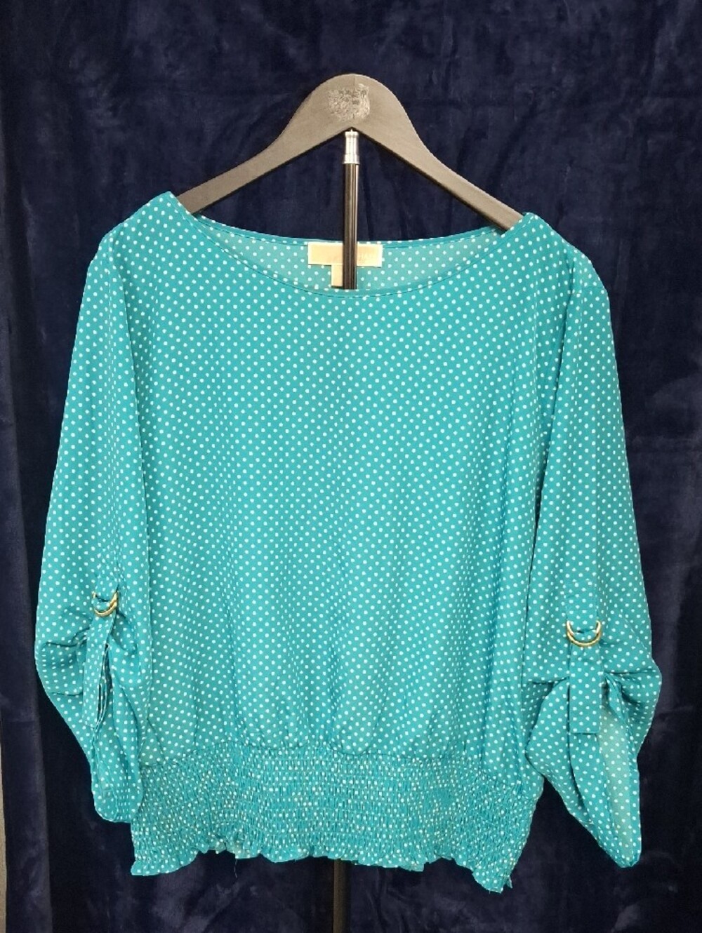 Michael Kors Teal Blue Polka Dot Boatneck Blouse with Roll-Tab Sleeves